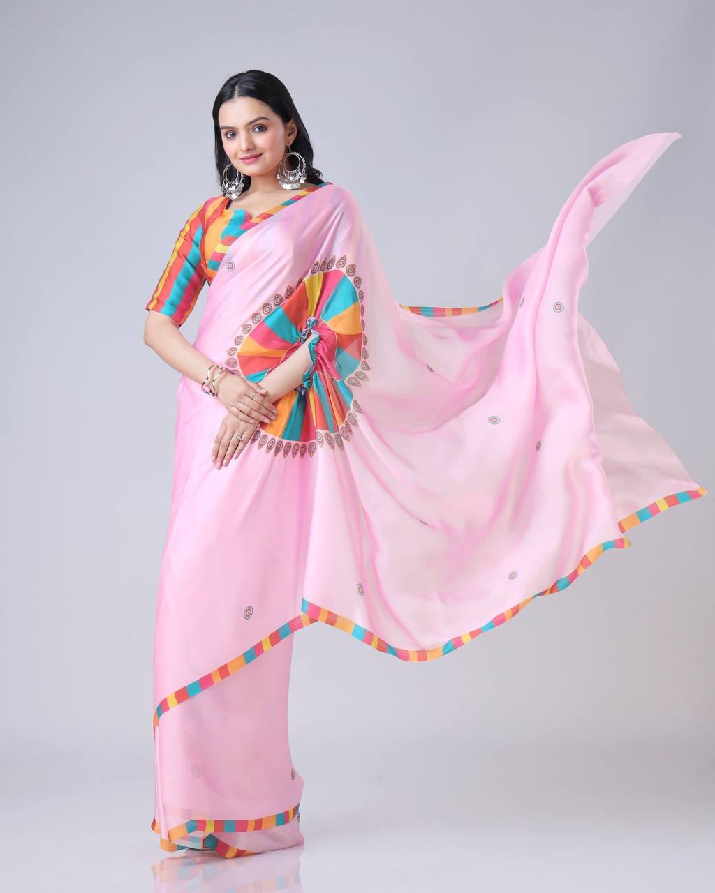 Pastel Pink Saree with Vibrant Mandala & Striped Blouse