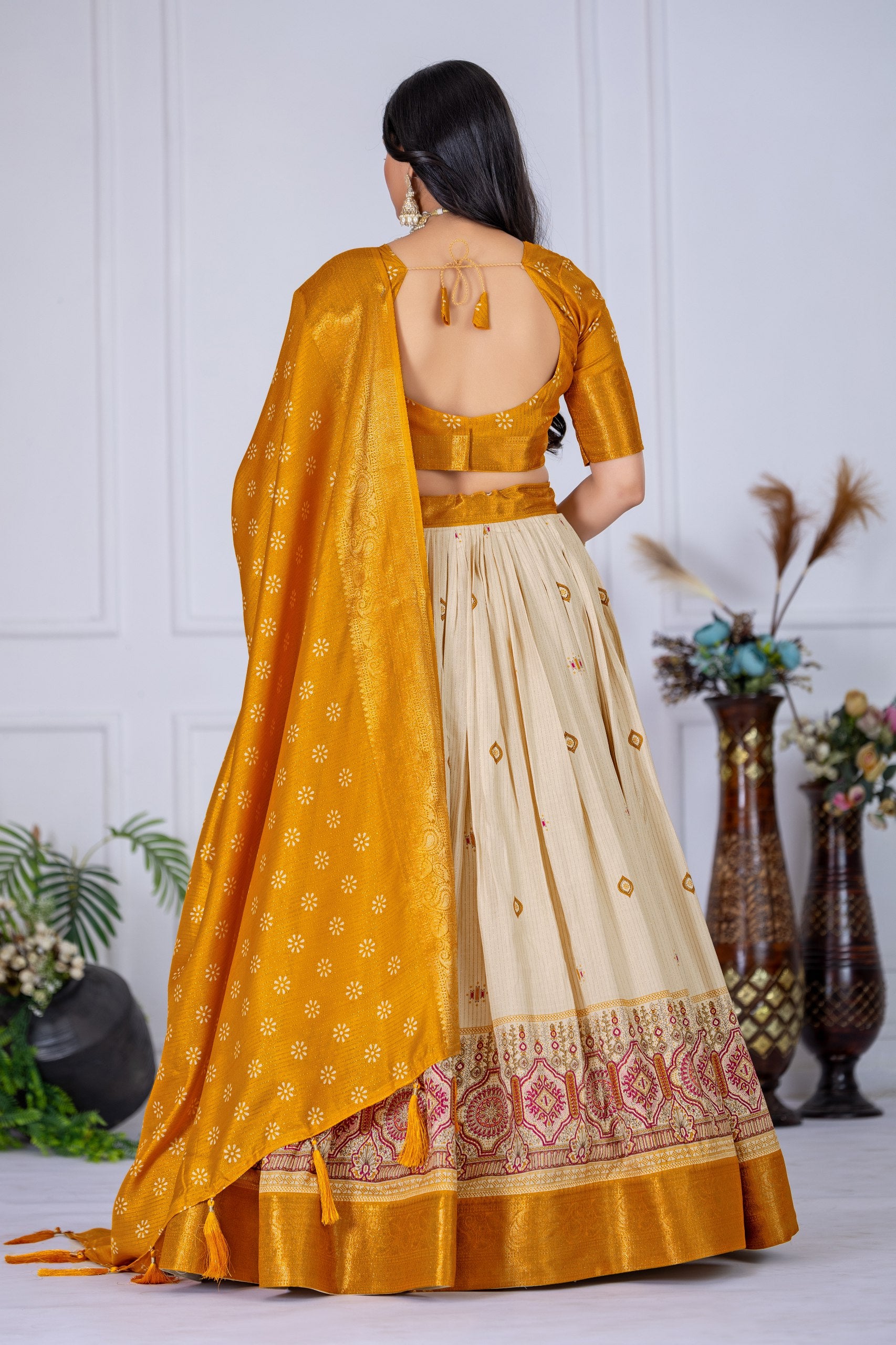 Mustard Yellow & Beige Lehenga Choli Set with Dupatta – Traditional Wear