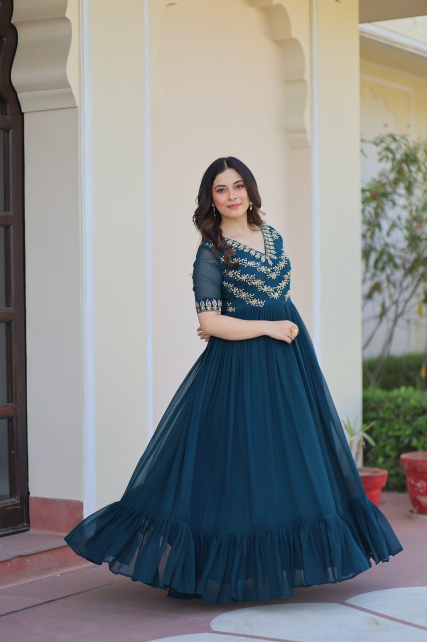 Teal Blue Embroidered Georgette Anarkali Gown