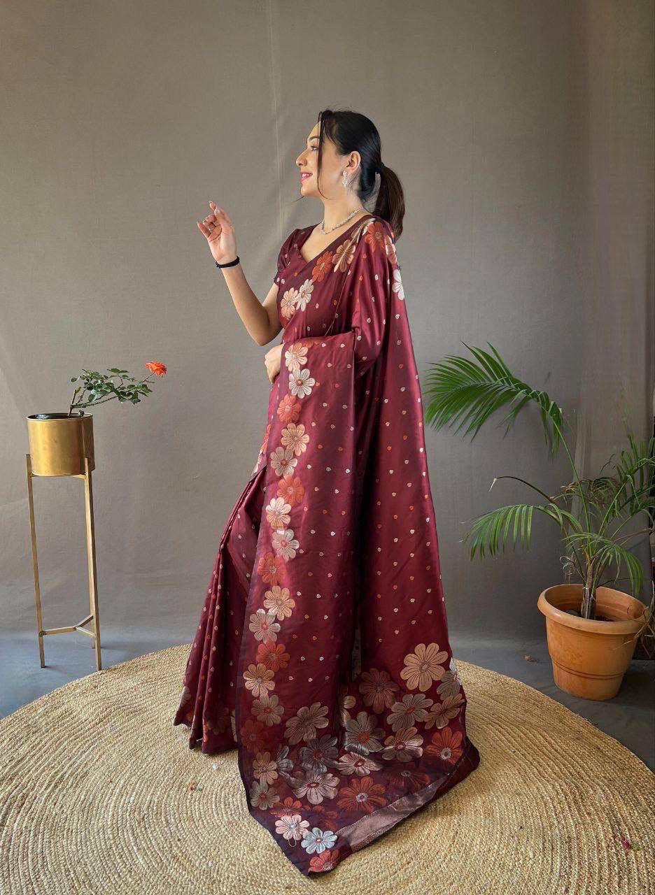 Maroon Floral Silk Saree