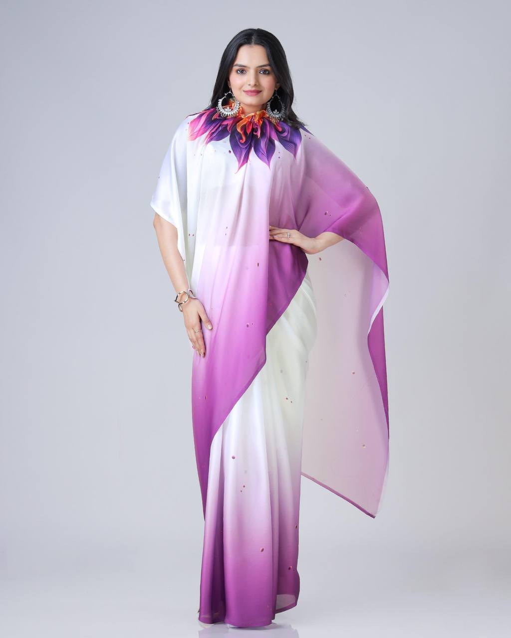 White & Violet Ombre Saree with Bold Floral Accent