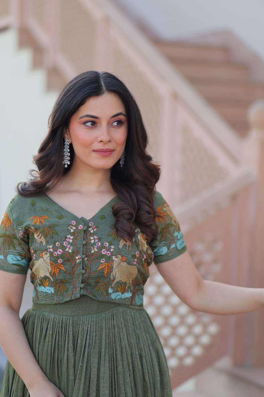 Elegant Olive Green Anarkali with Embroidered Jacket