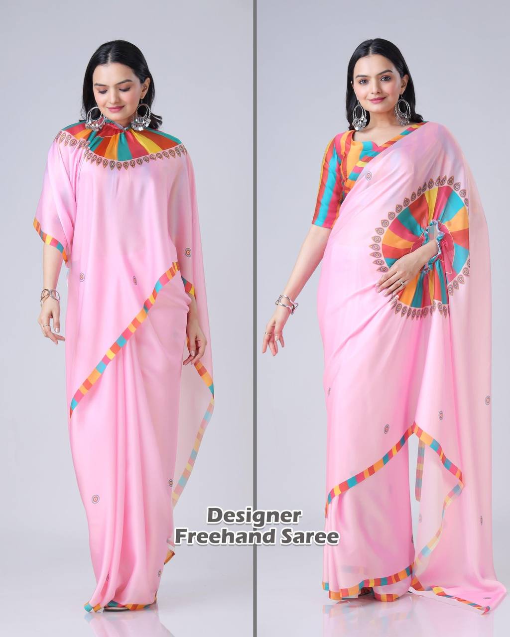 Pastel Pink Saree with Vibrant Mandala & Striped Blouse