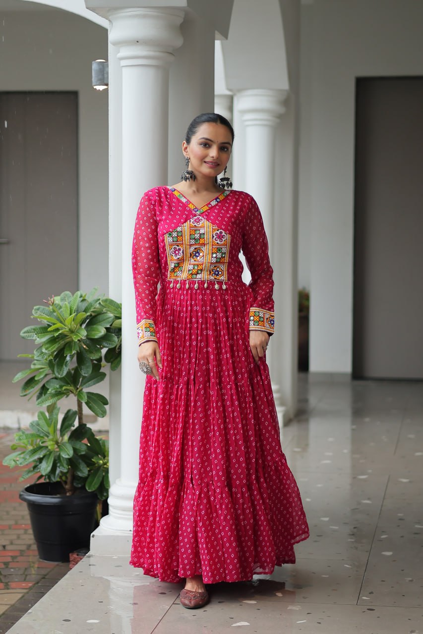 Traditional Pink Bandhani Long Gown with Kutchi Embroidery