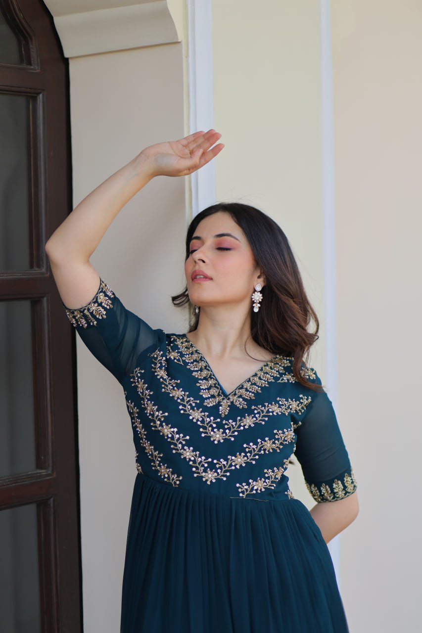 Teal Blue Embroidered Georgette Anarkali Gown