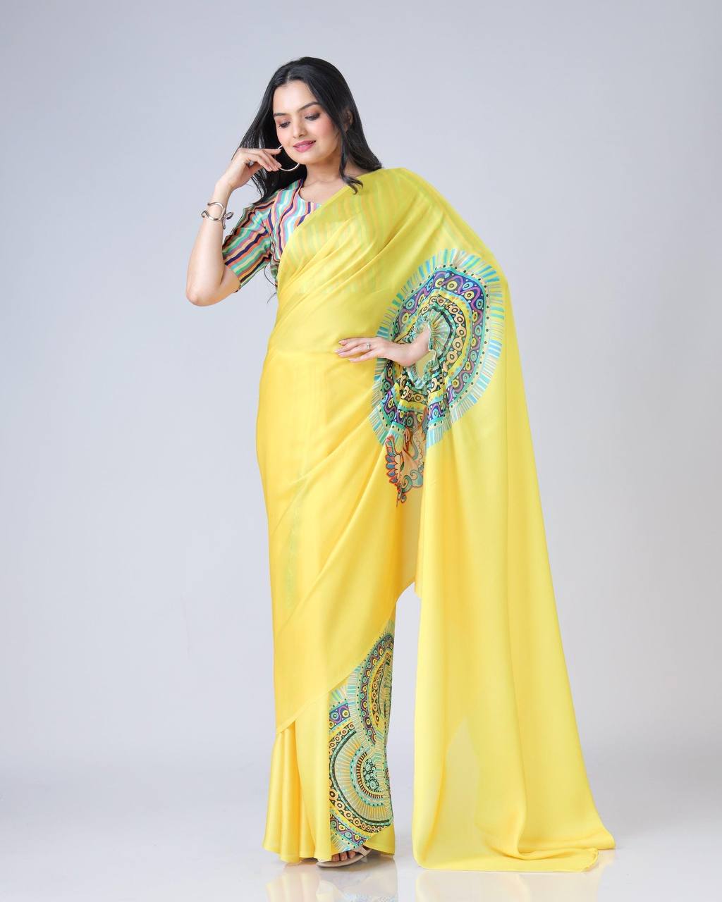 Sunburst Muse” – Designer Freehand Yellow Saree | Dual Style