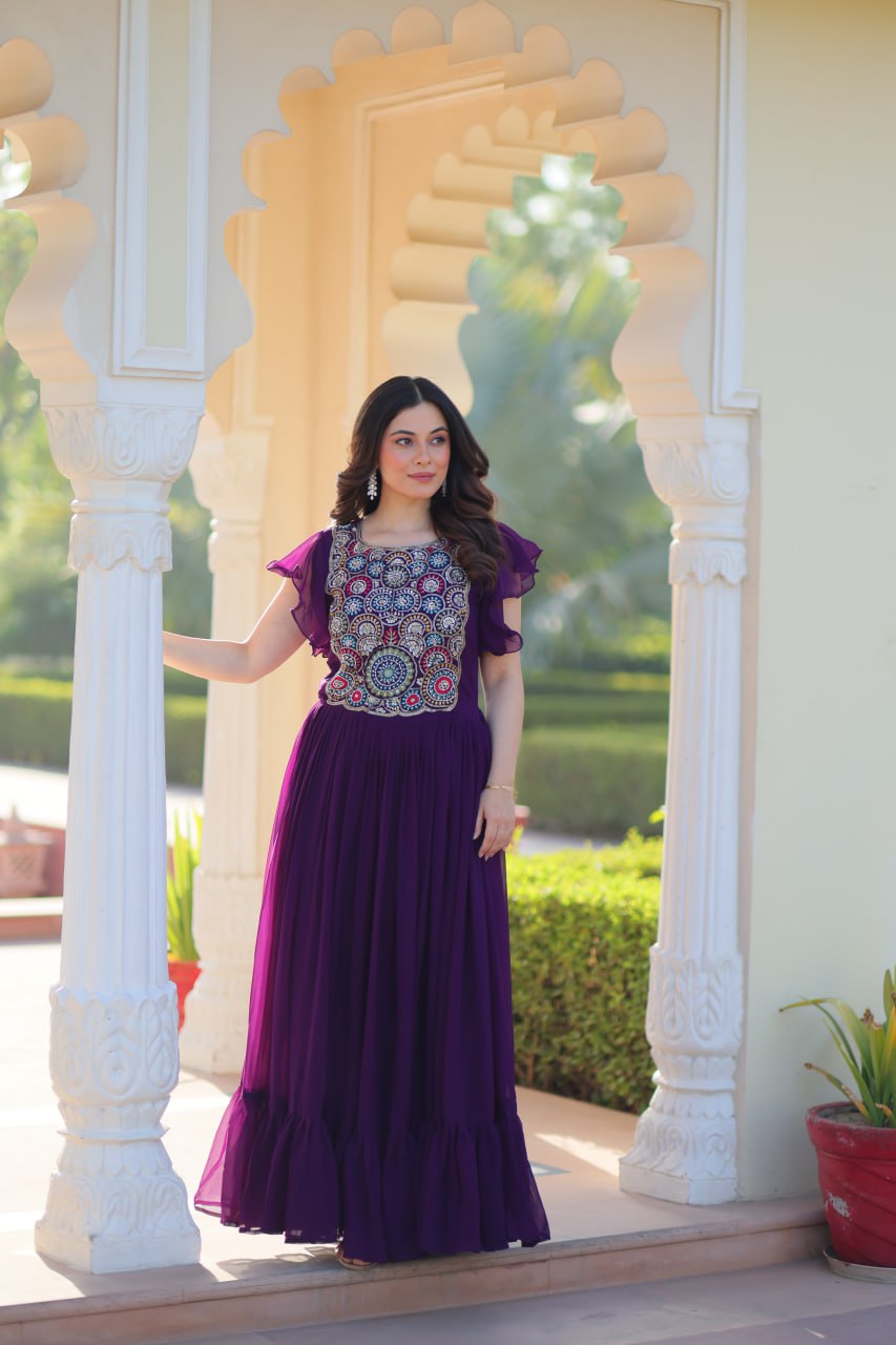 Stylish Embroidered Flared Gown Dress for Women