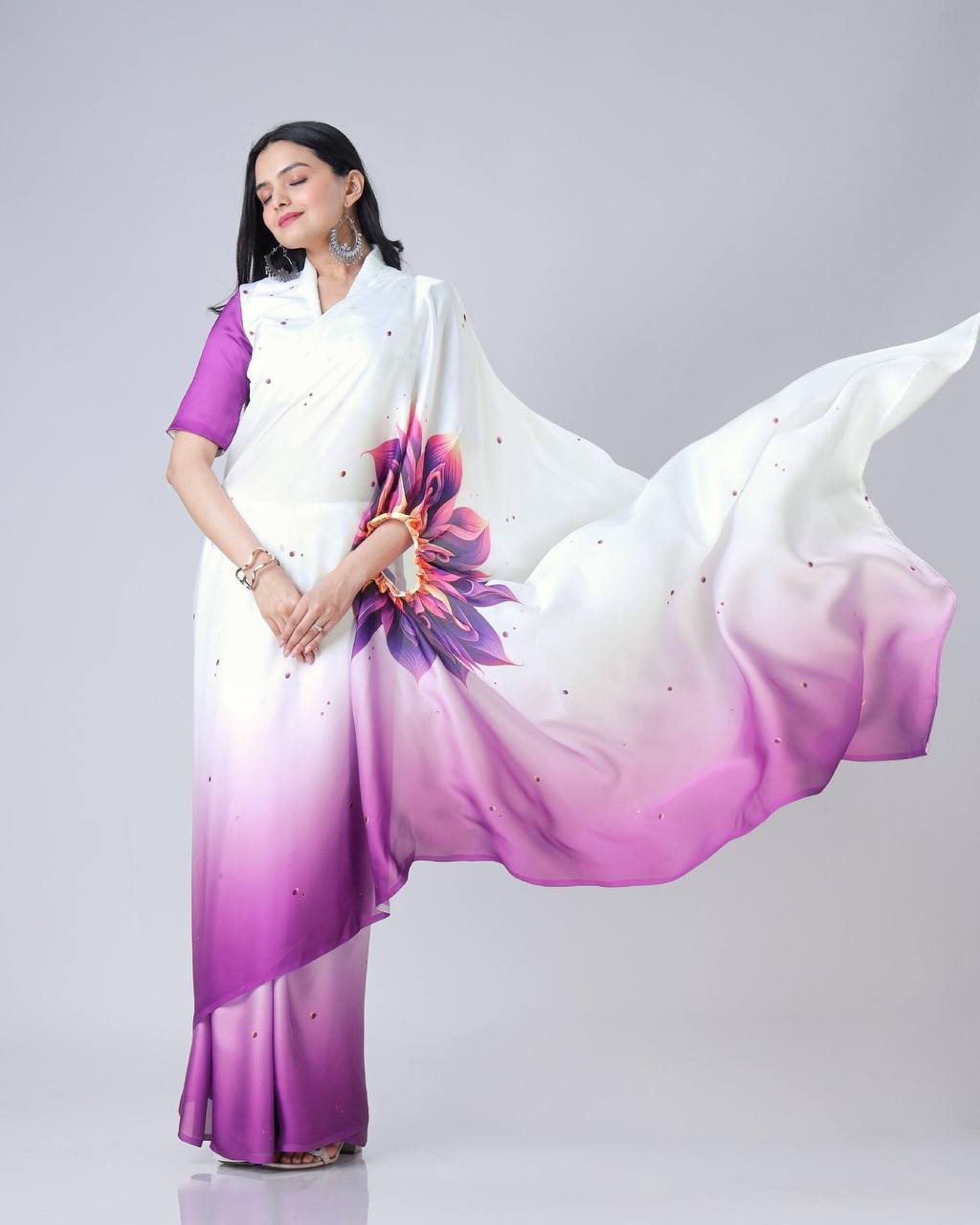 White & Violet Ombre Saree with Bold Floral Accent