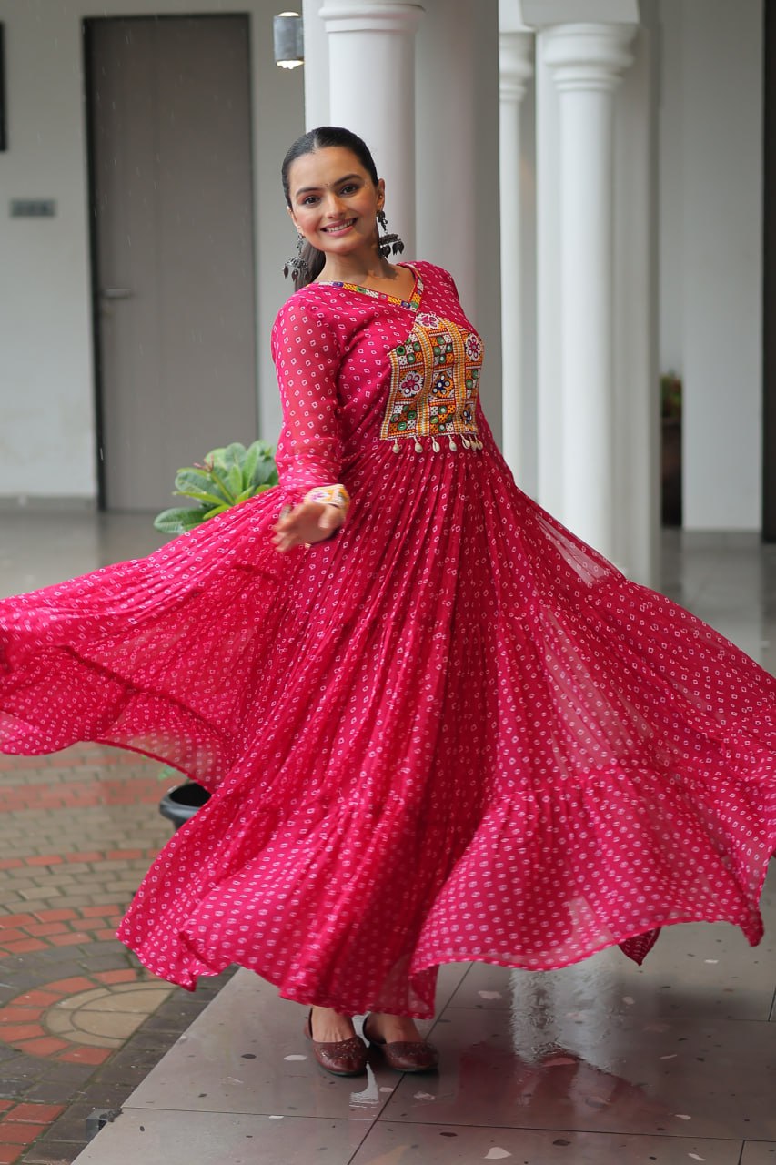 Traditional Pink Bandhani Long Gown with Kutchi Embroidery