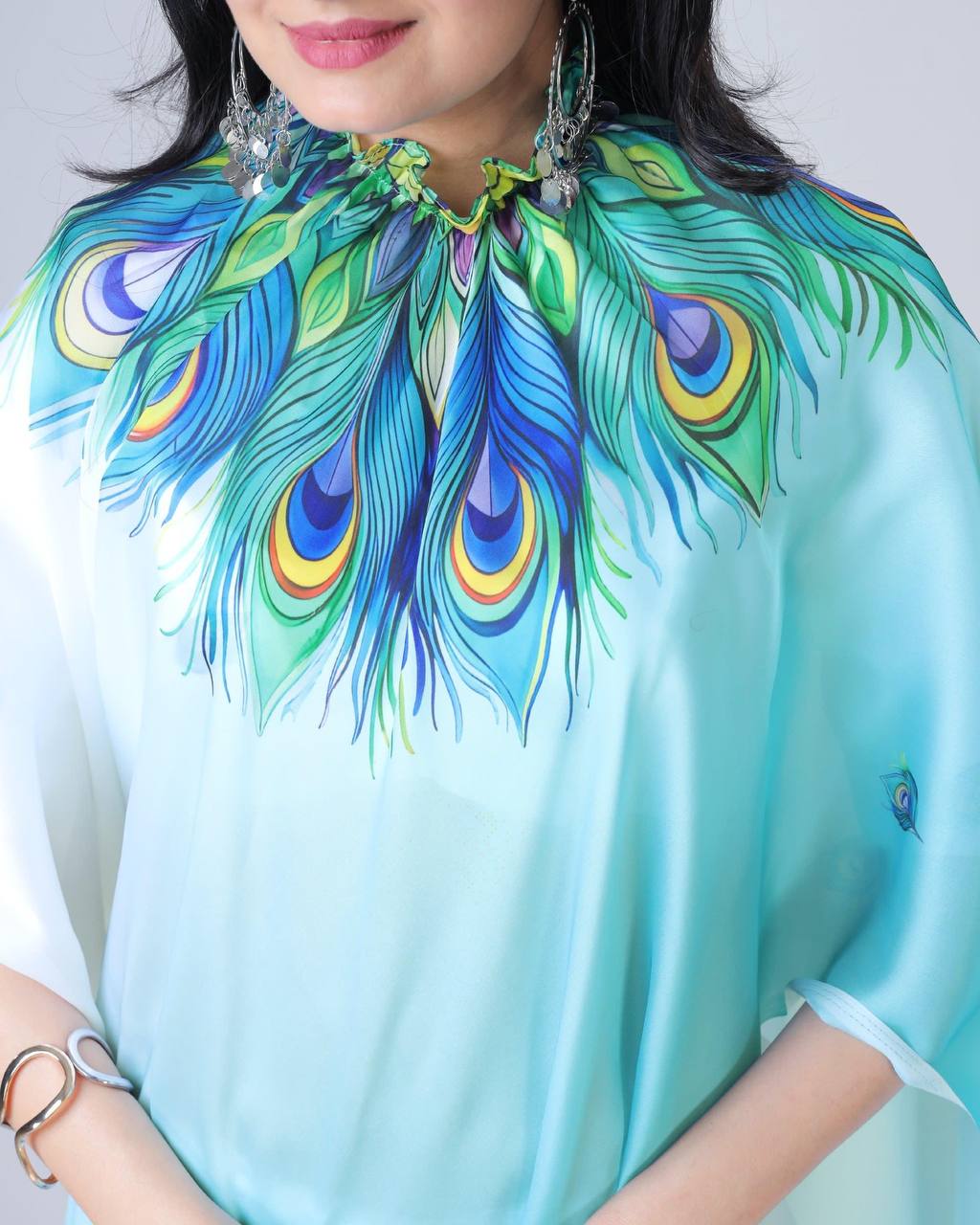 White & Aqua Blue Ombre Saree with Peacock Feather Art