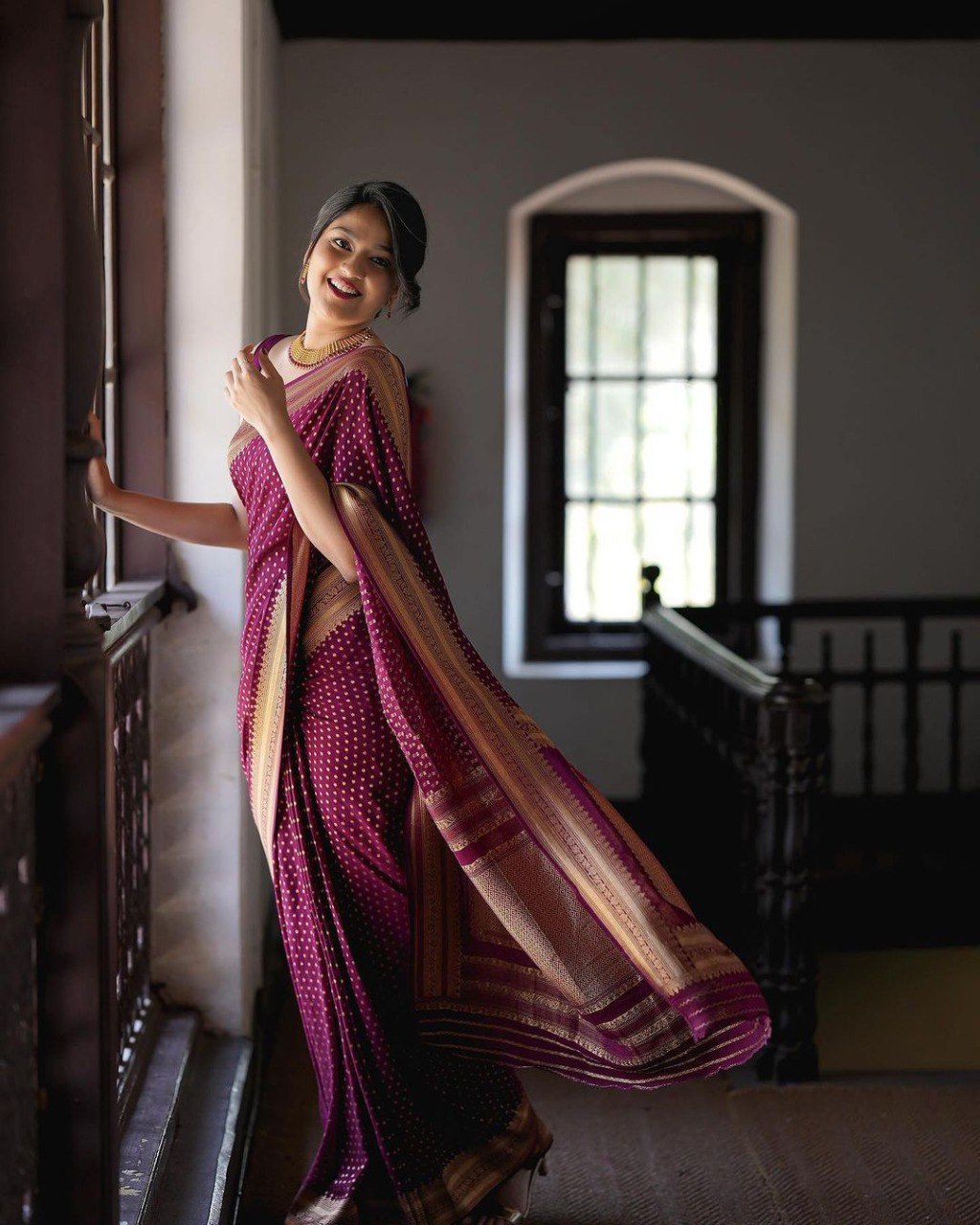 Maroon Bandhani-Inspired Saree with Zari Border