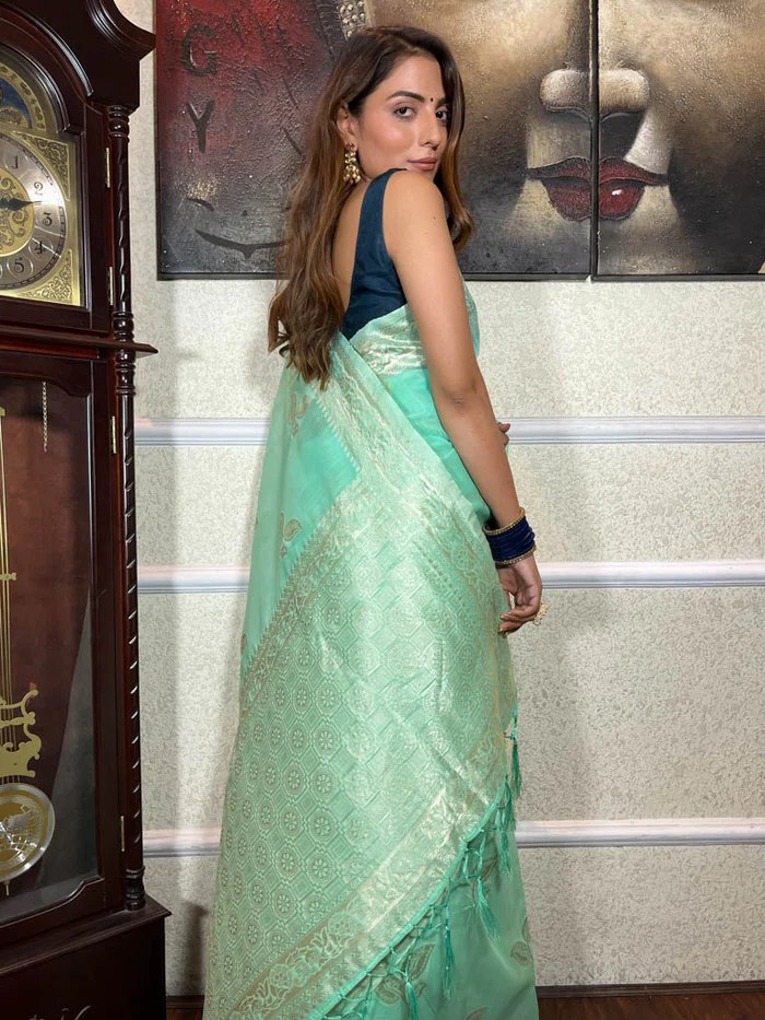 Mint Green Woven Saree with Subtle Gold Motifs