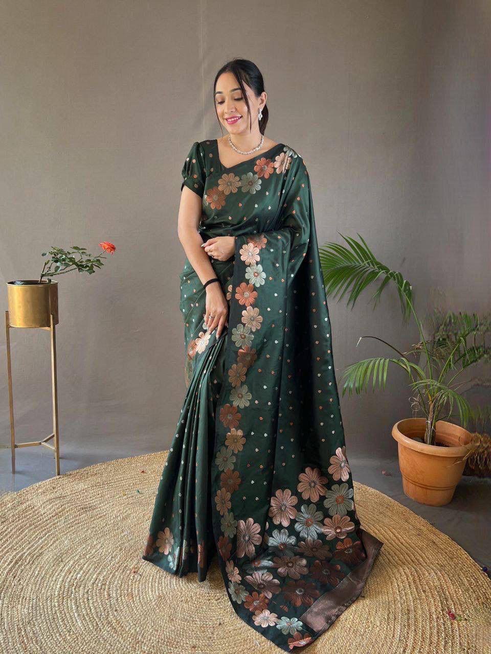 Dark Green Floral Silk Saree