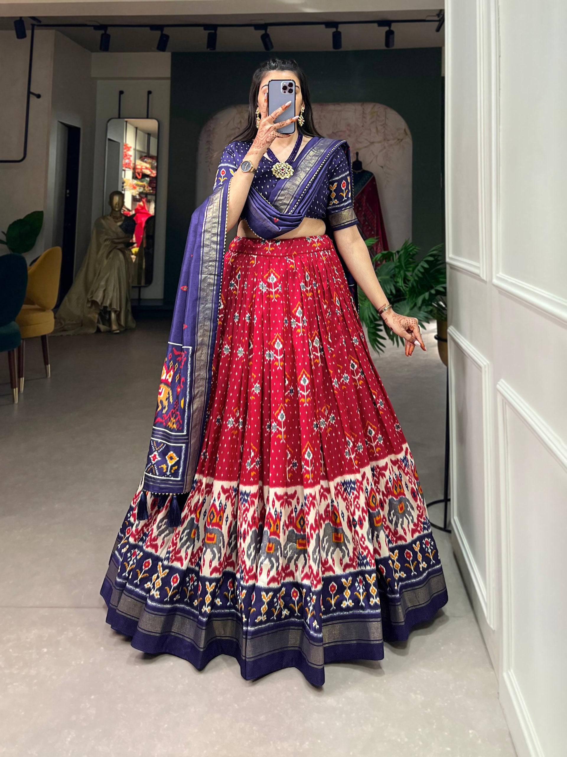 Red & Navy Blue Patola Print Lehenga Choli Set