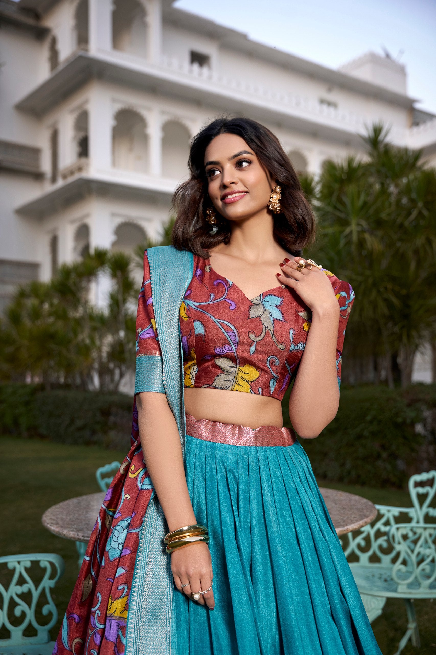Aqua Blue & Maroon  Handpainted Lehenga Set