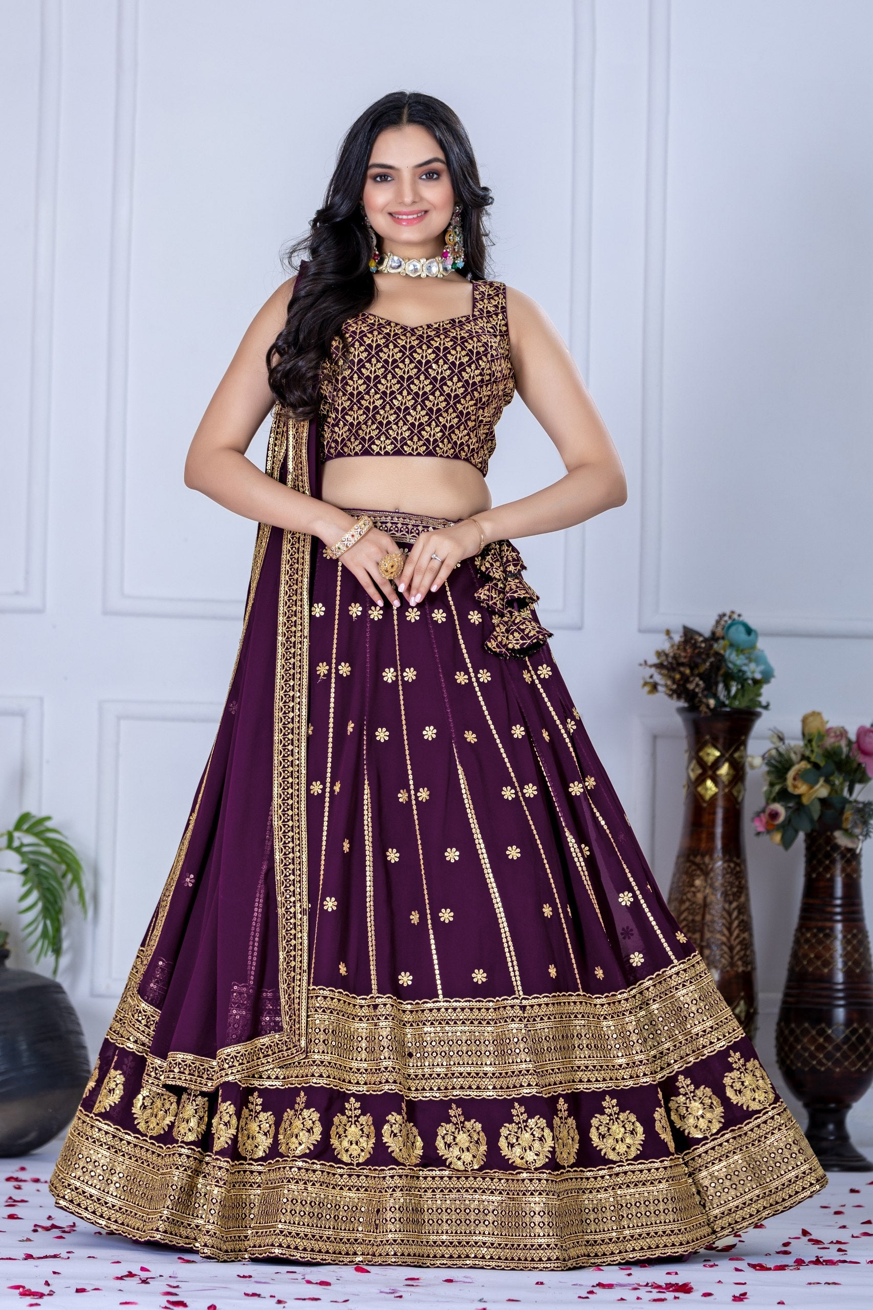 Elegant Maroon & Gold Embroidered Lehenga Choli with Dupatta