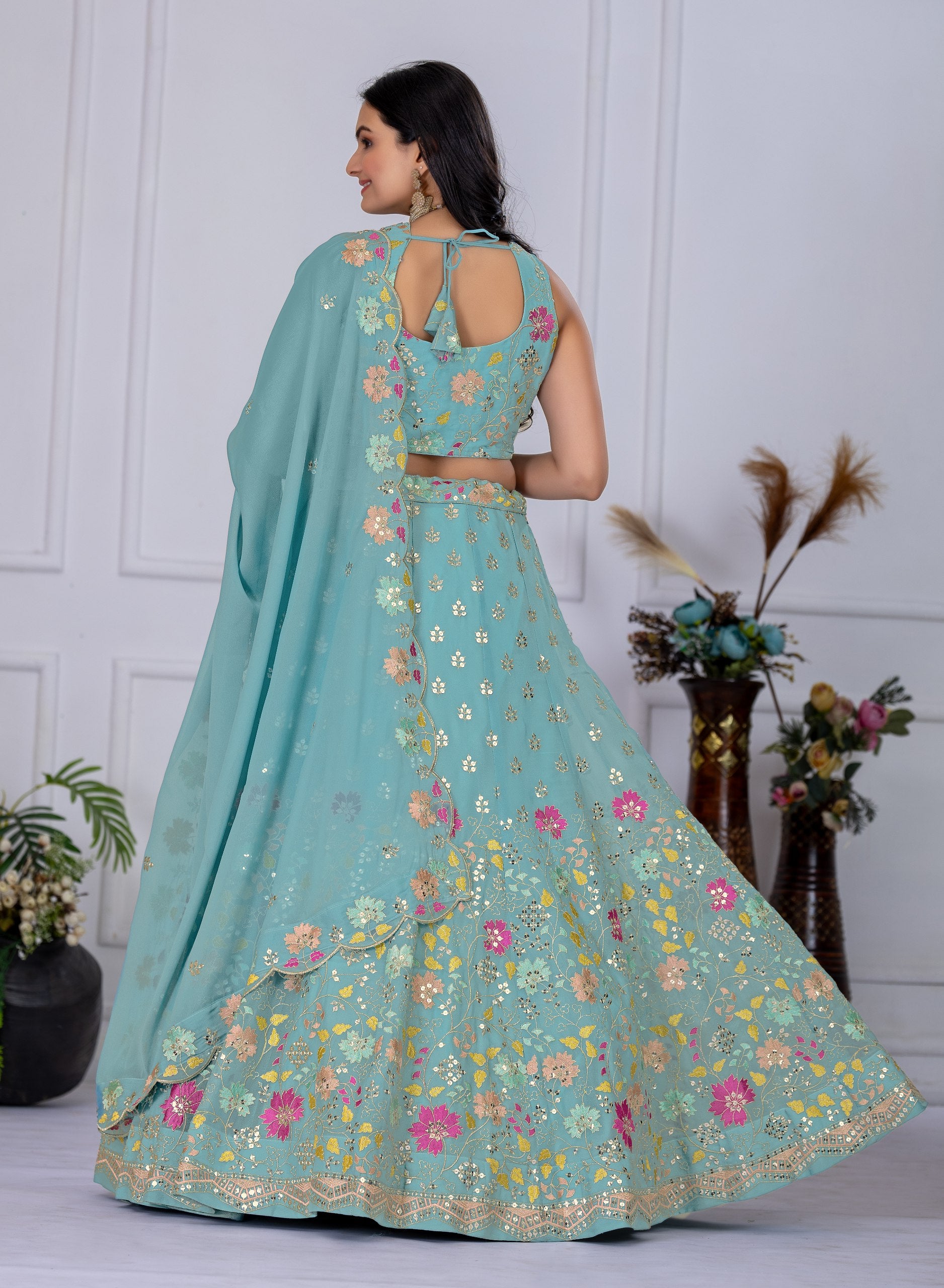 Aqua Blue Floral Embroidered Lehenga Choli with Dupatta