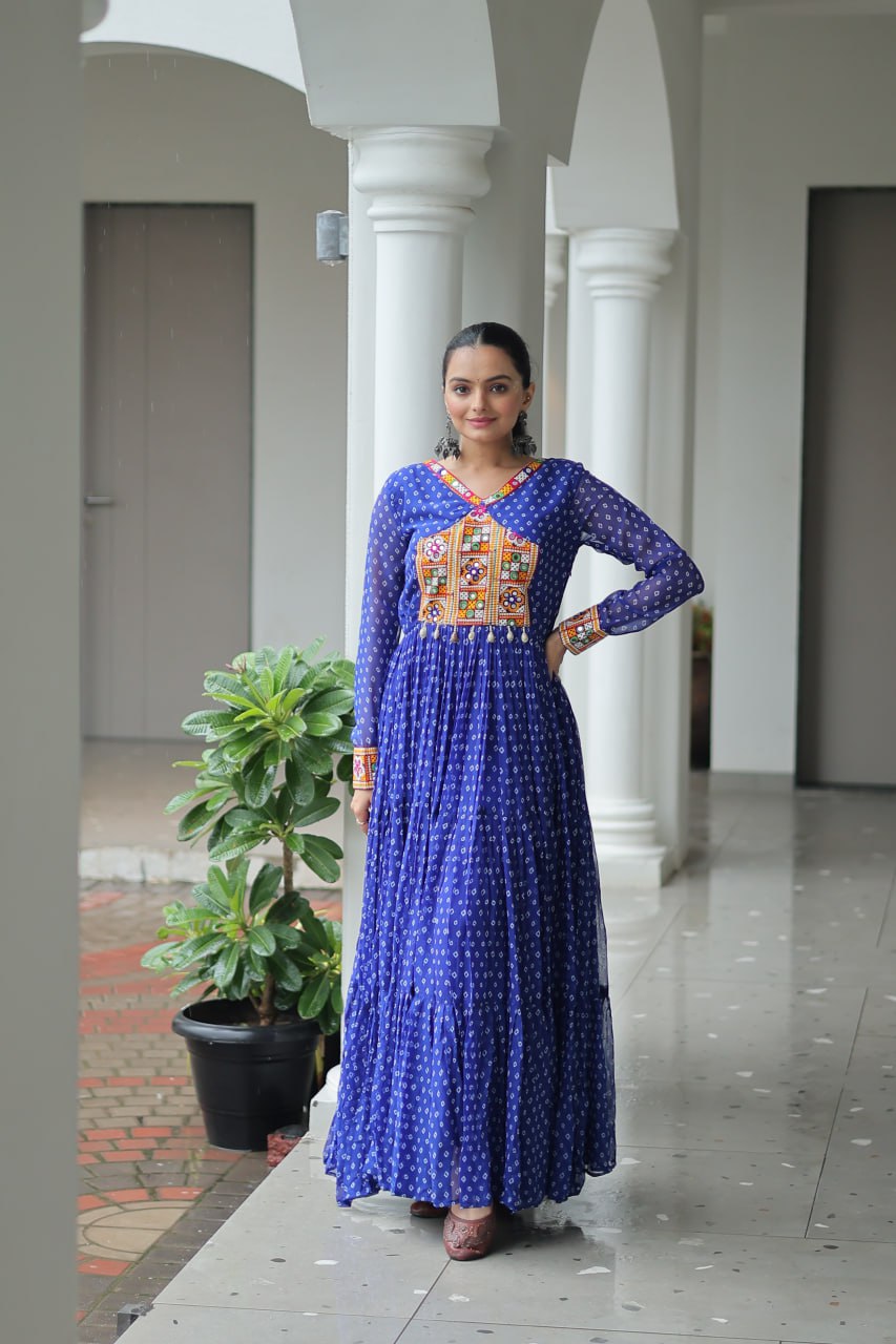 Traditional Bandhani Print Long Gown with Embroidered Yoke