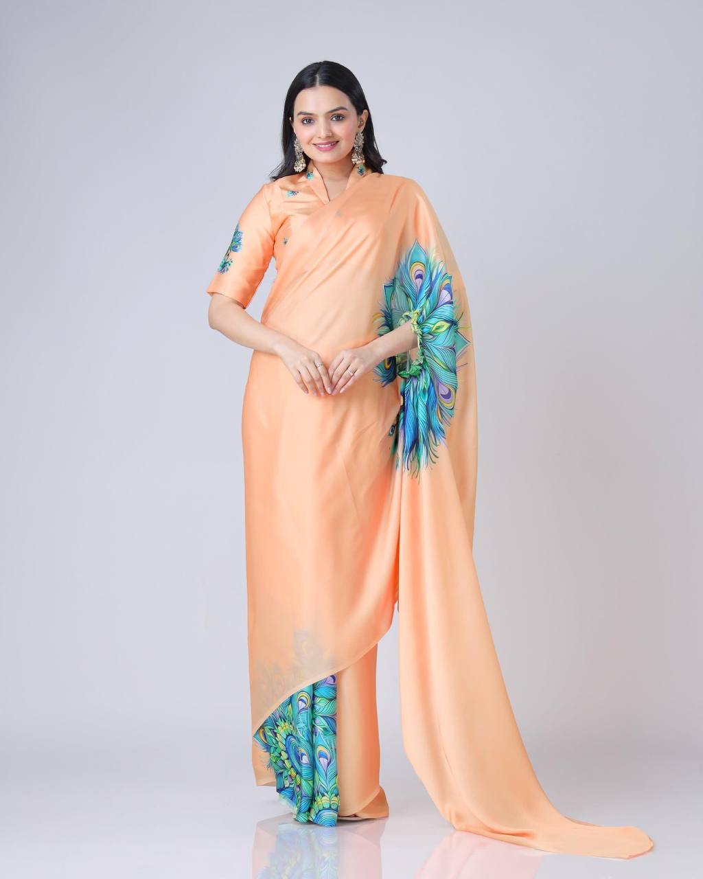 Peach Silk Saree with Peacock Feather Print