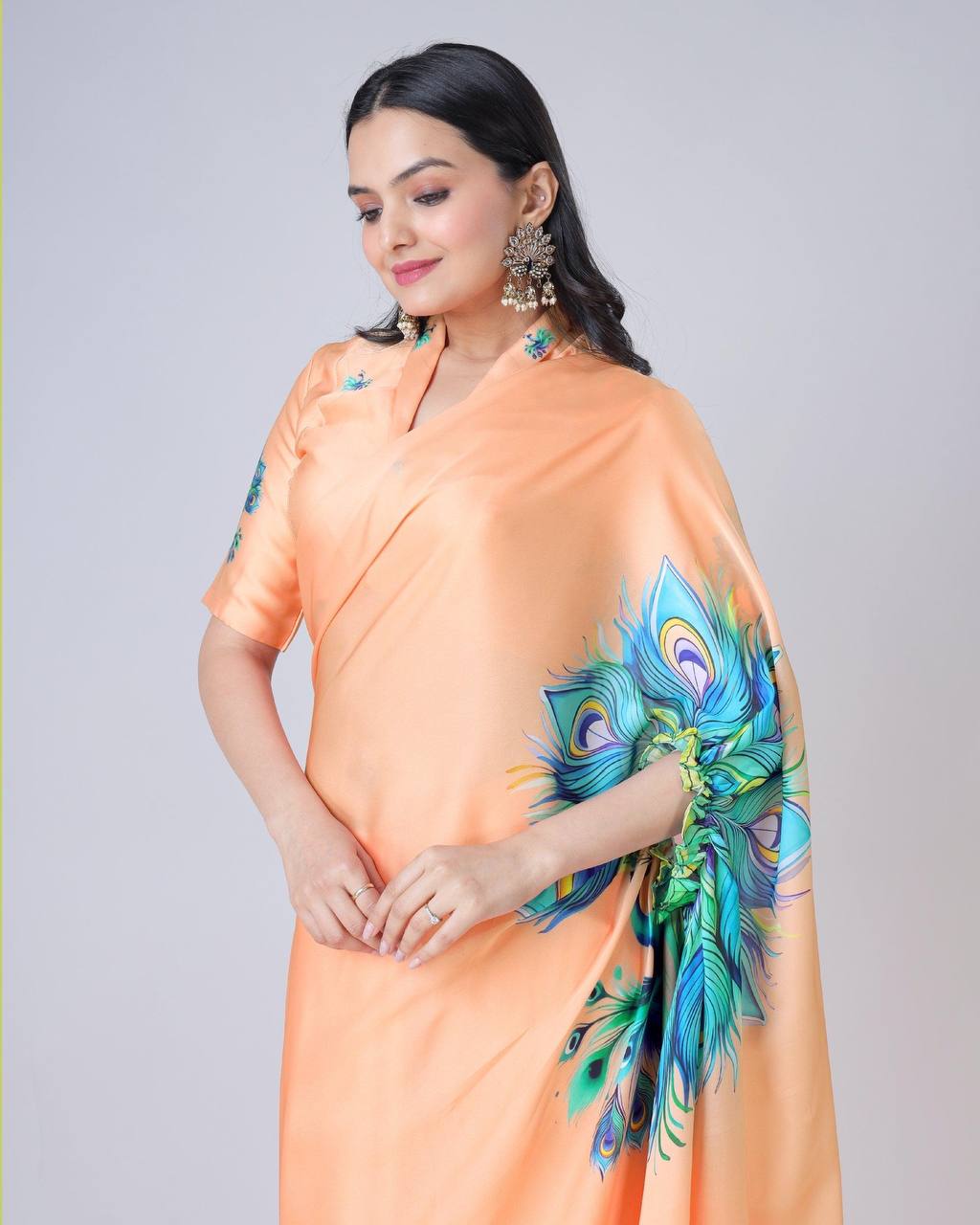 Peach Silk Saree with Peacock Feather Print