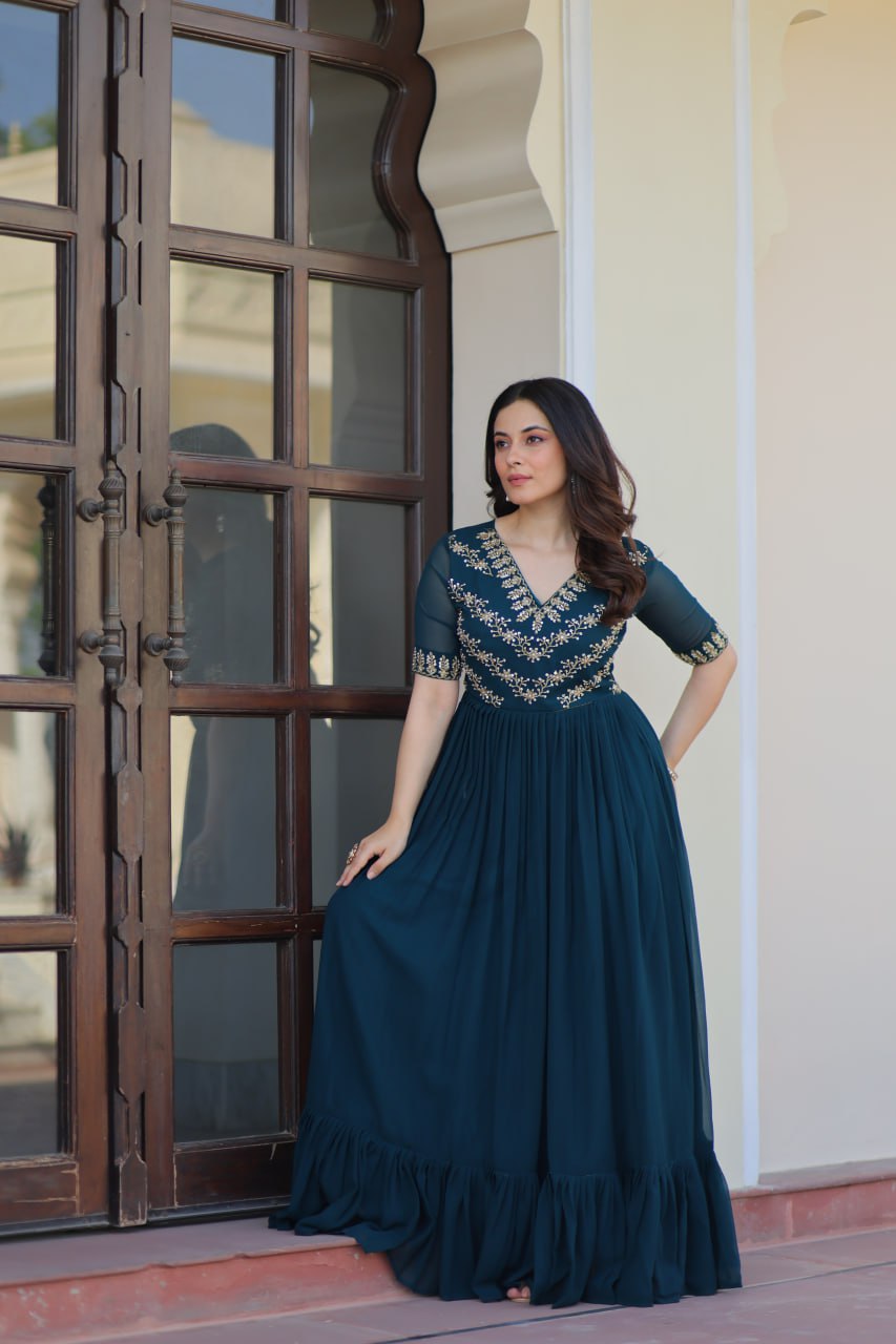 Teal Blue Embroidered Georgette Anarkali Gown