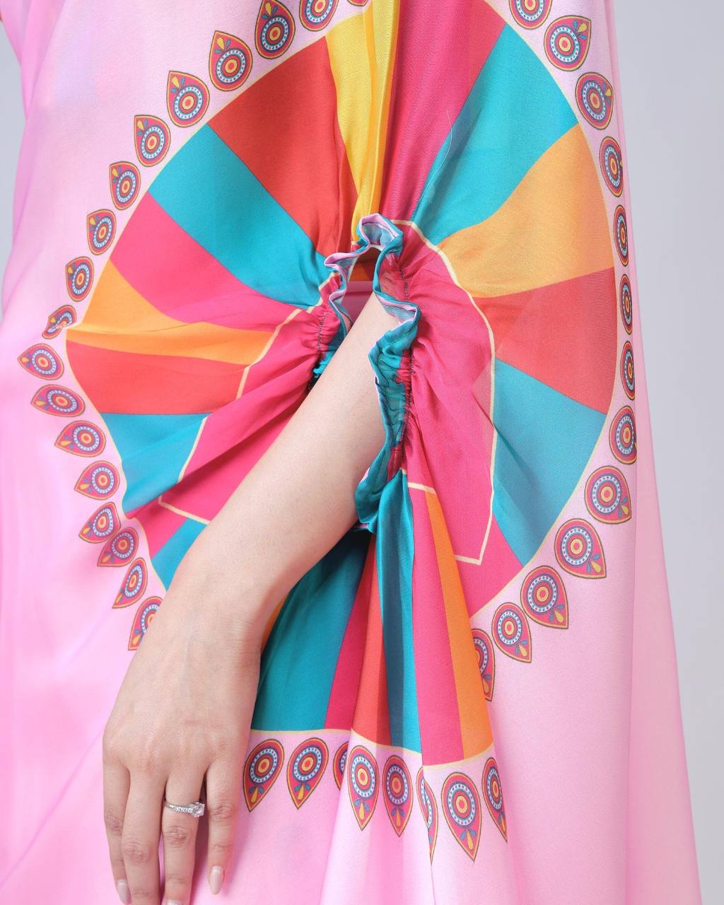 Pastel Pink Saree with Vibrant Mandala & Striped Blouse