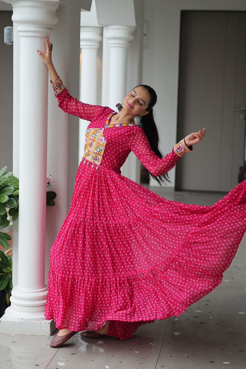 Traditional Pink Bandhani Long Gown with Kutchi Embroidery