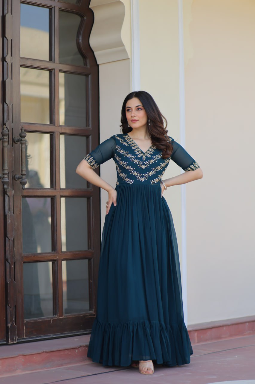 Teal Blue Embroidered Georgette Anarkali Gown