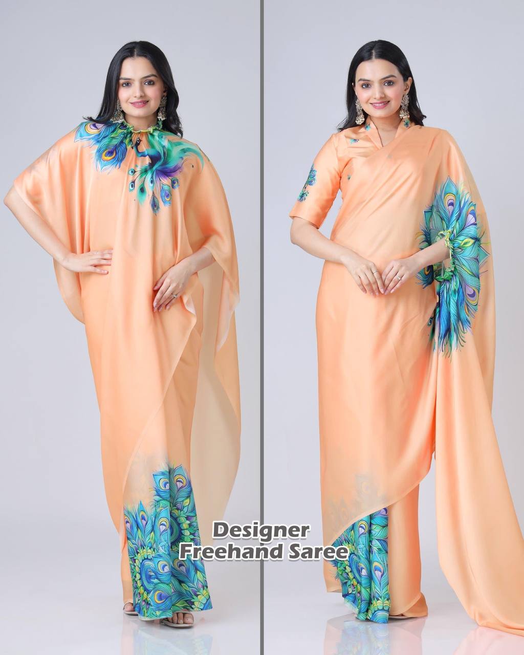 Peach Silk Saree with Peacock Feather Print