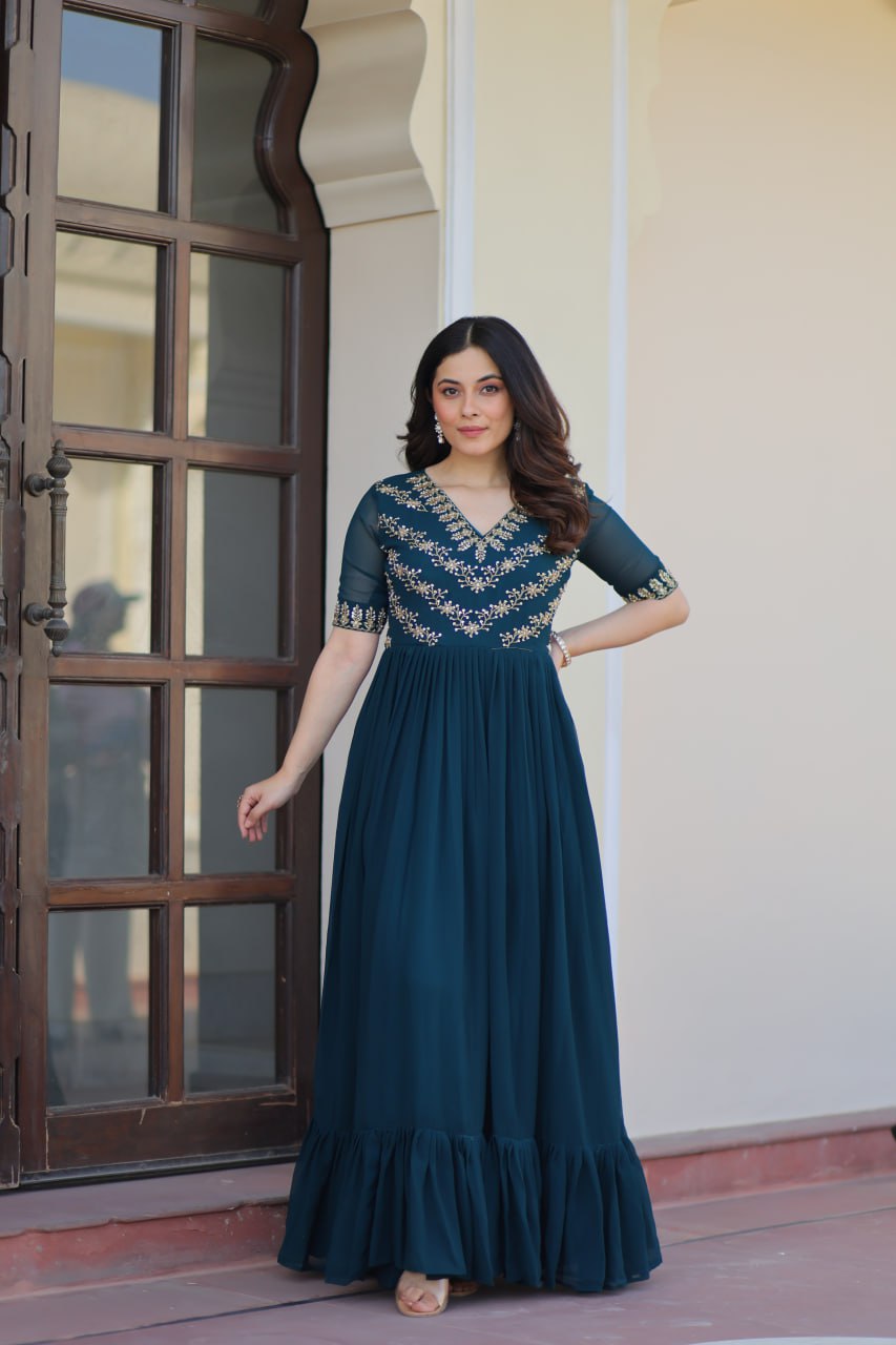 Teal Blue Embroidered Georgette Anarkali Gown
