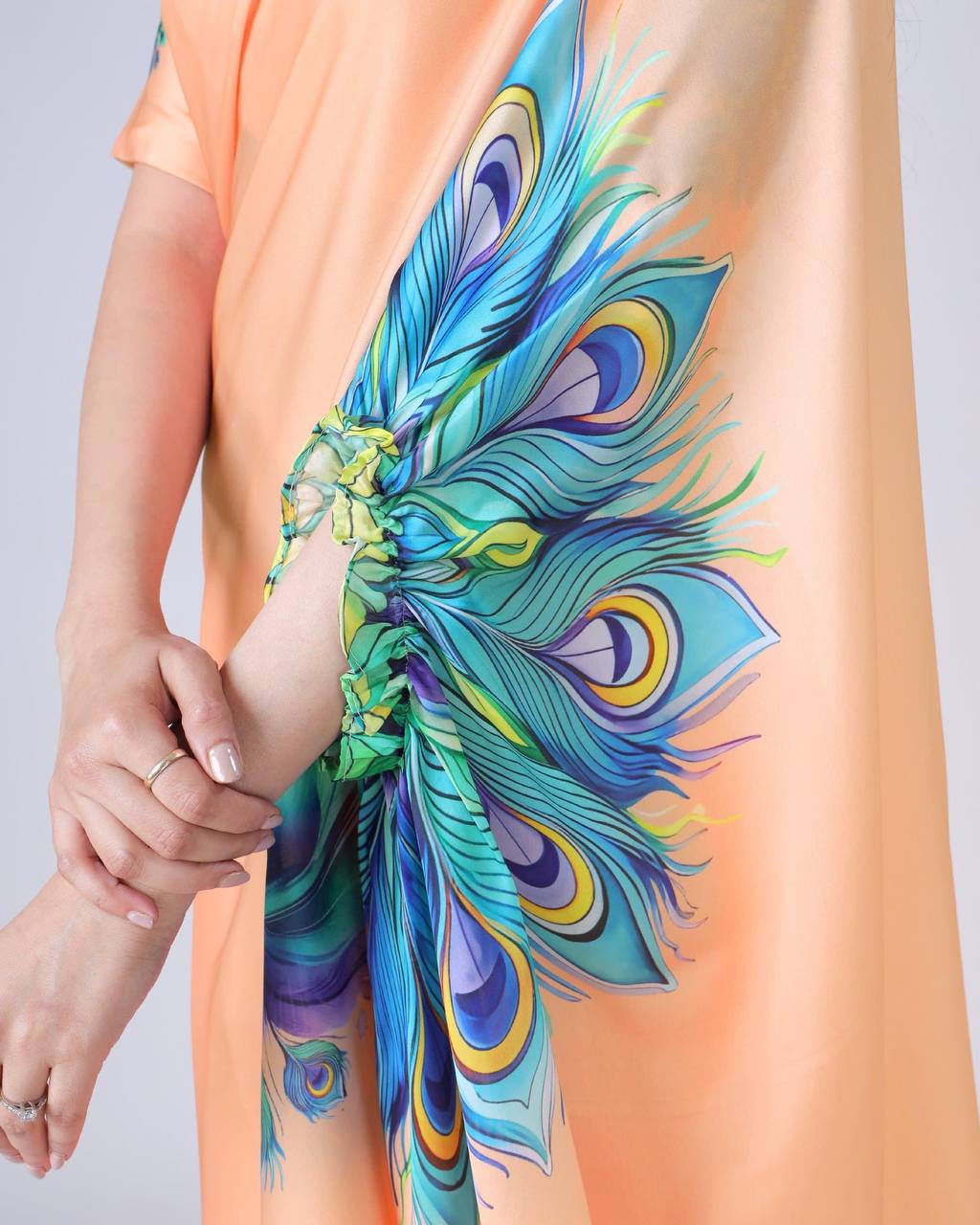 Peach Silk Saree with Peacock Feather Print
