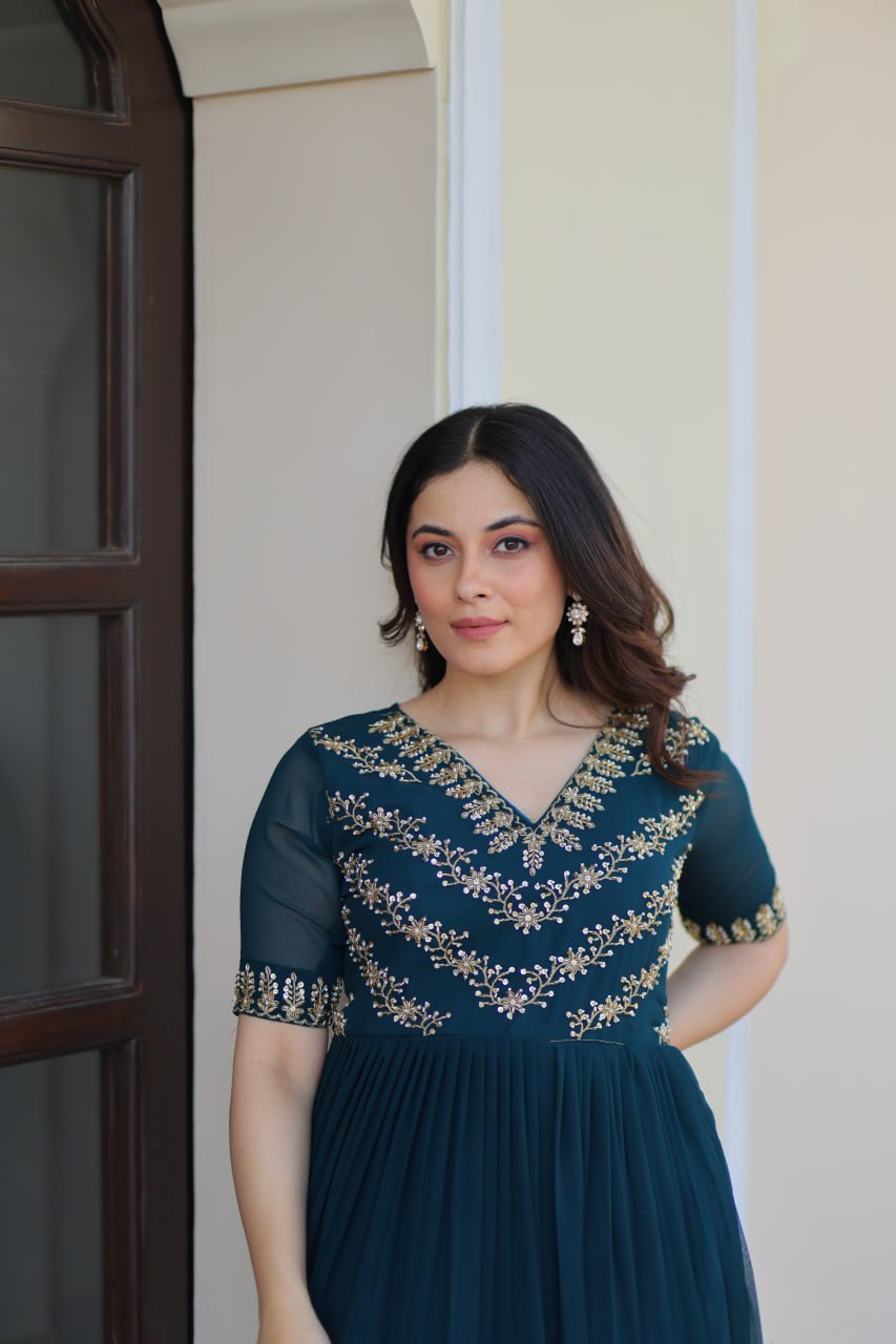 Teal Blue Embroidered Georgette Anarkali Gown