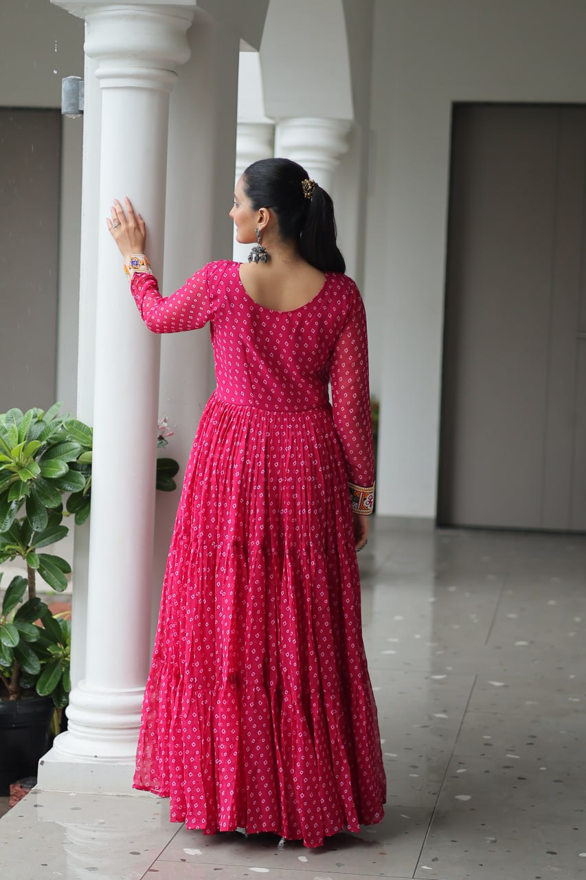 Traditional Pink Bandhani Long Gown with Kutchi Embroidery