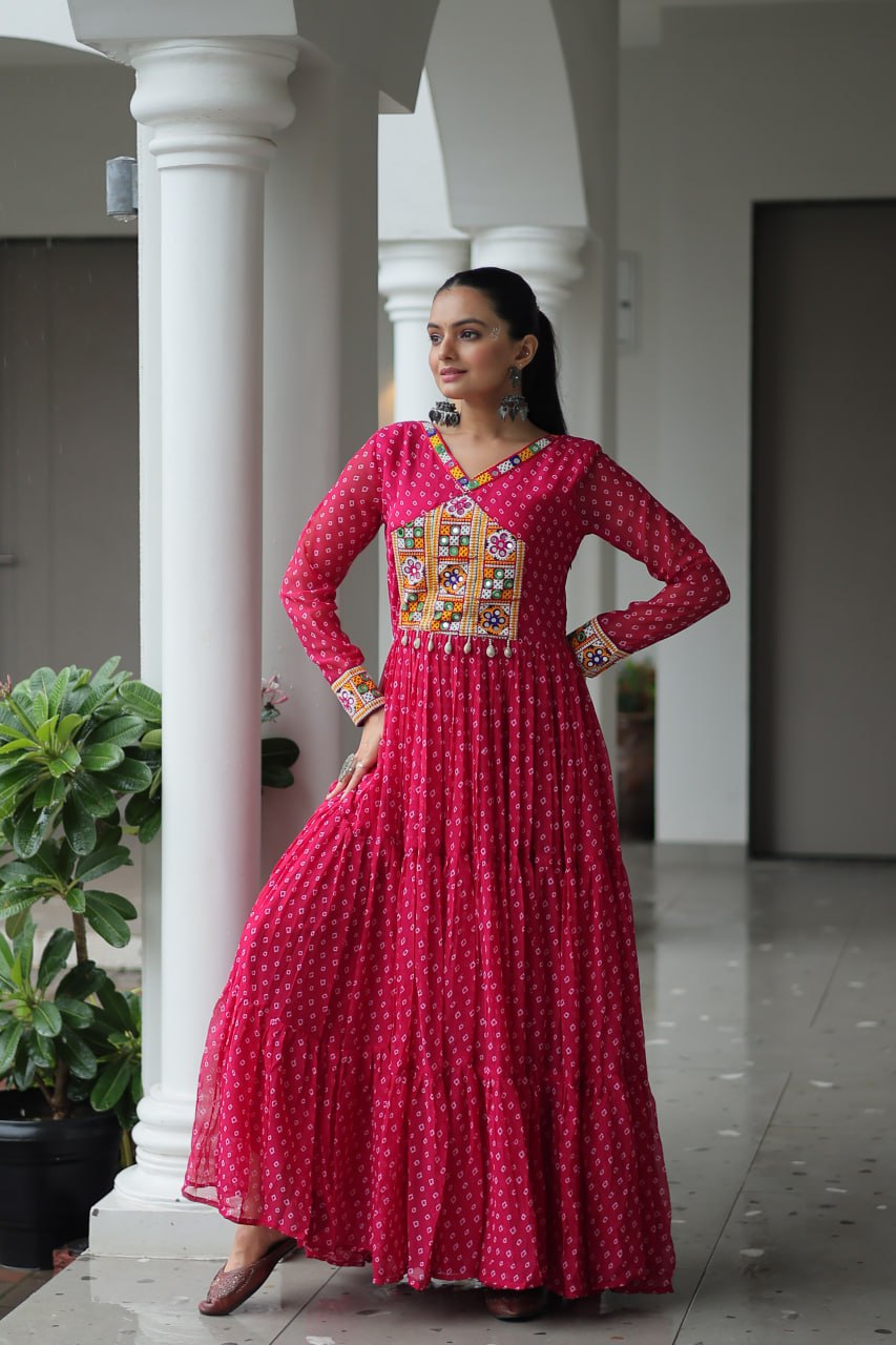 Traditional Pink Bandhani Long Gown with Kutchi Embroidery