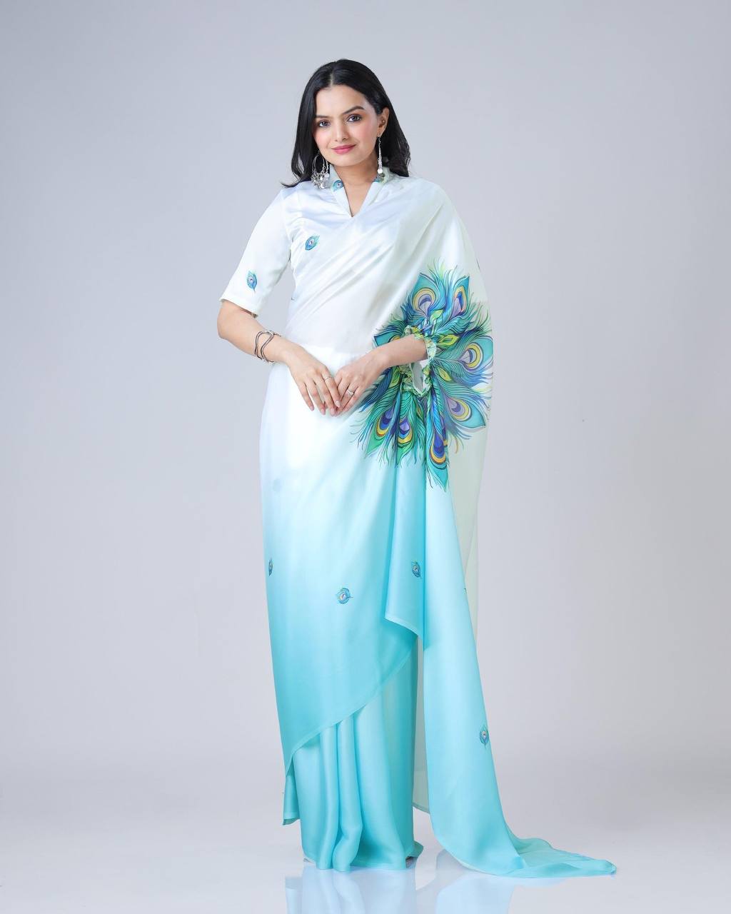 White & Aqua Blue Ombre Saree with Peacock Feather Art