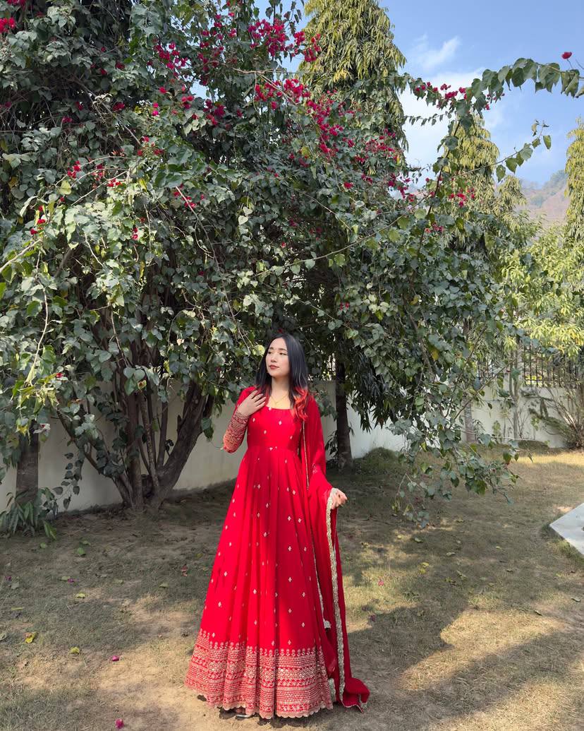 Crimson Red Zari Embroidered Anarkali Set