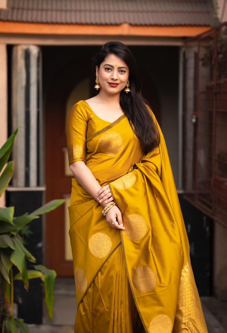 Mustard Yellow Zari Woven Silk Saree