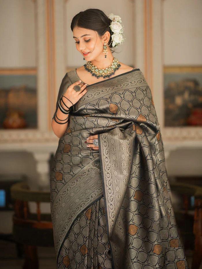 Charcoal Black Woven Silk Saree