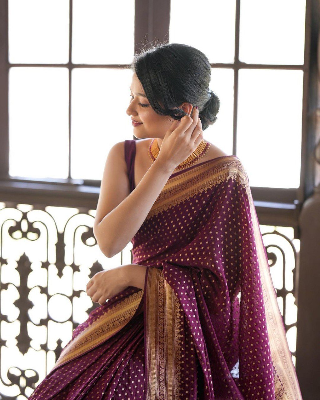 Maroon Bandhani-Inspired Saree with Zari Border