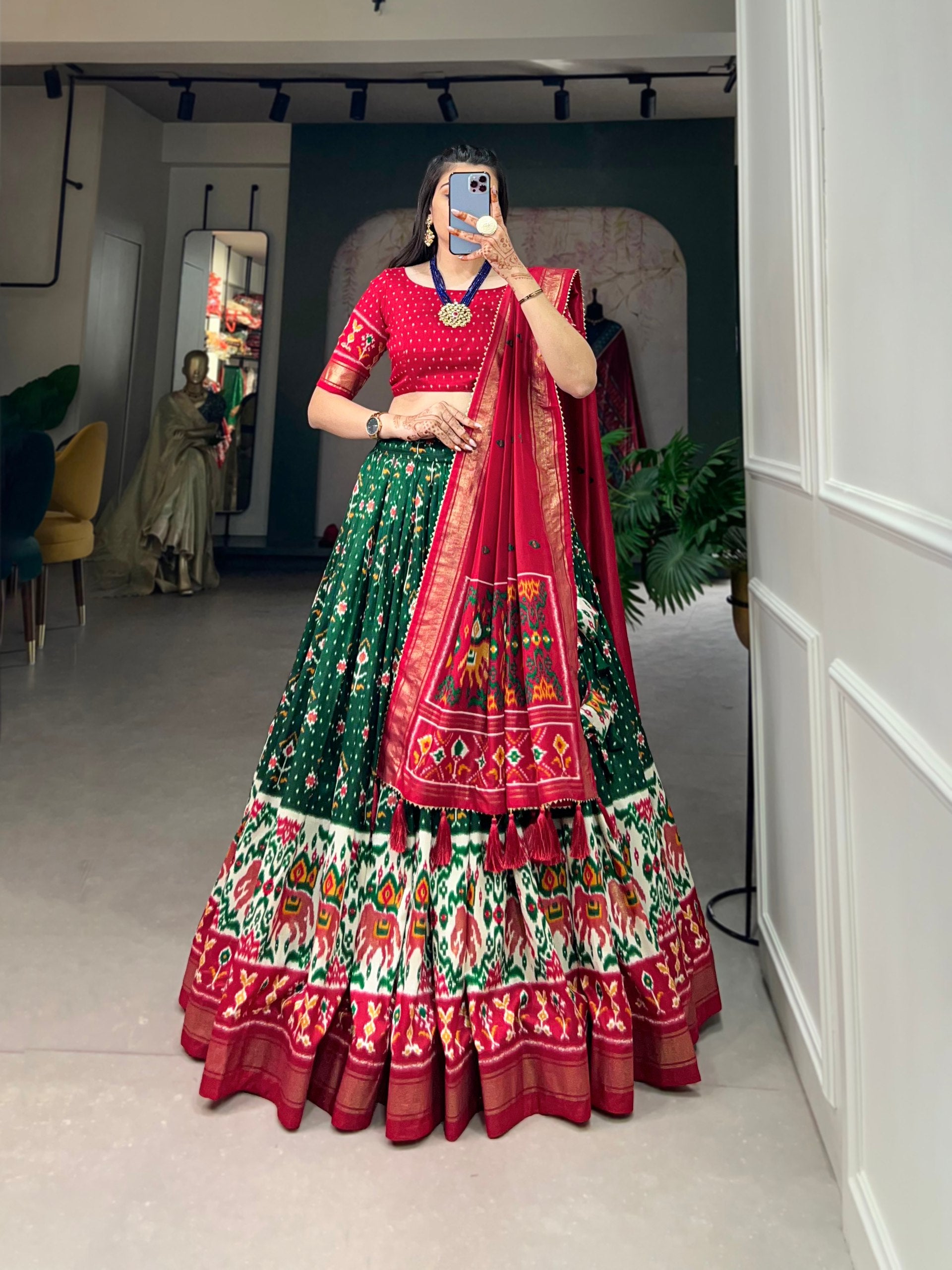 Traditional Green & Maroon Patola Print Lehenga Set