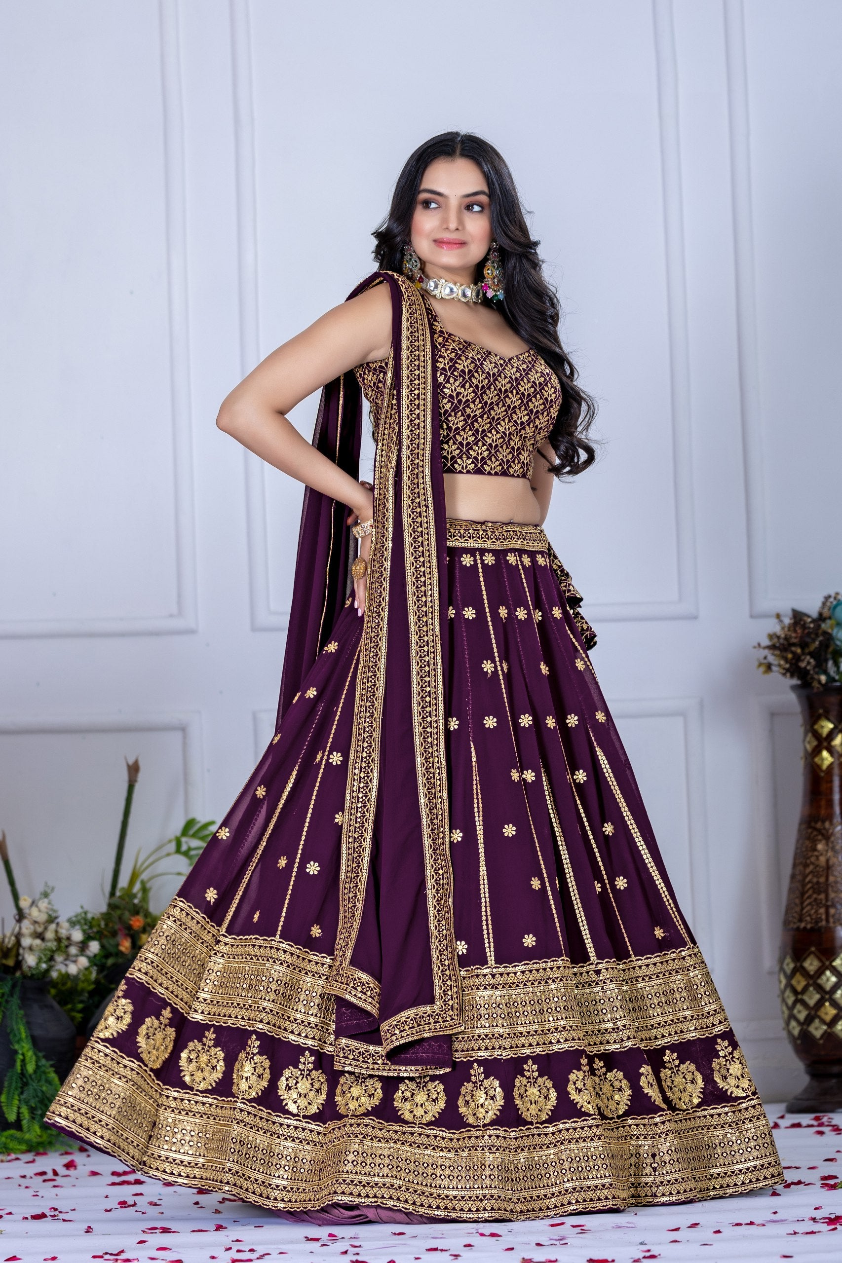 Elegant Maroon & Gold Embroidered Lehenga Choli with Dupatta