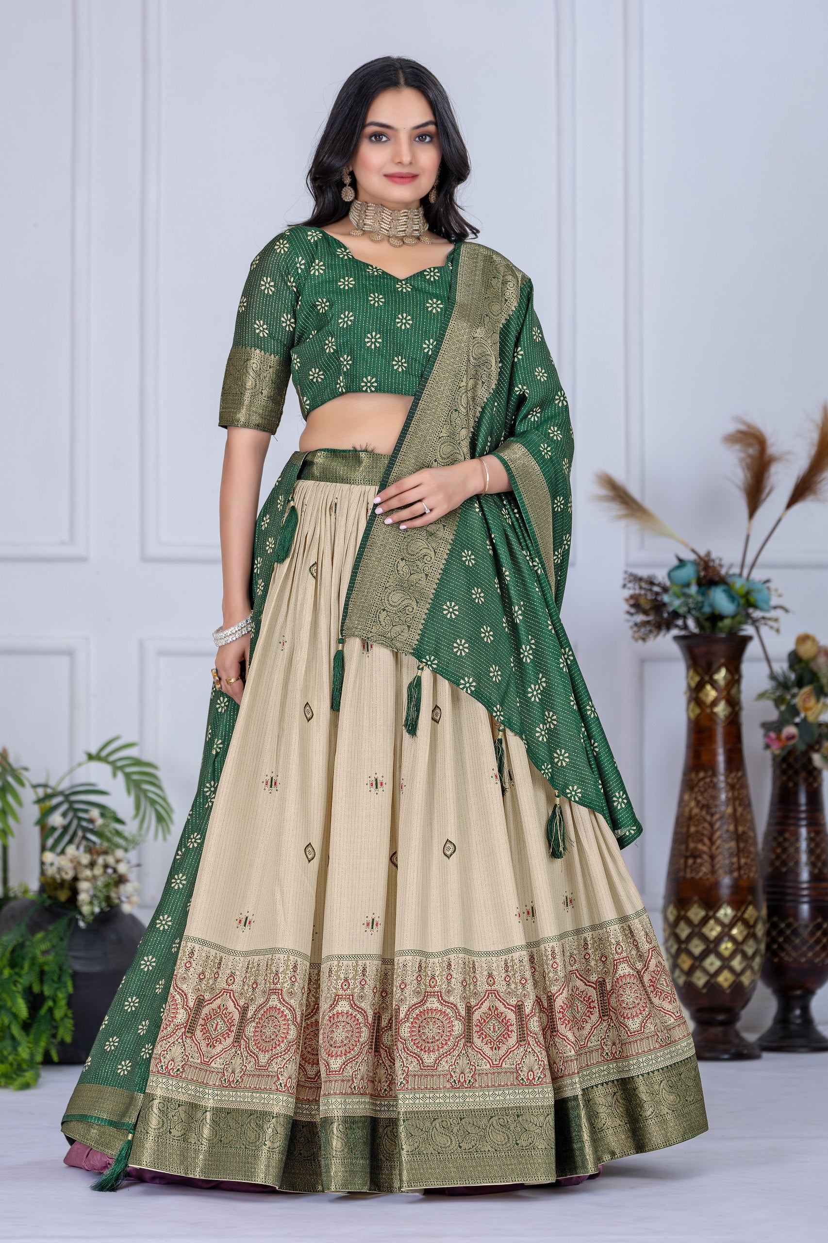 Green & Beige Lehenga Choli Set with Dupatta – Traditional Wear