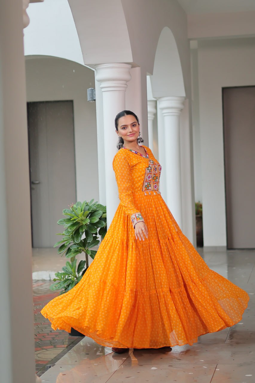 Bright Yellow Bandhani Long Gown with Kutchi Embroidery