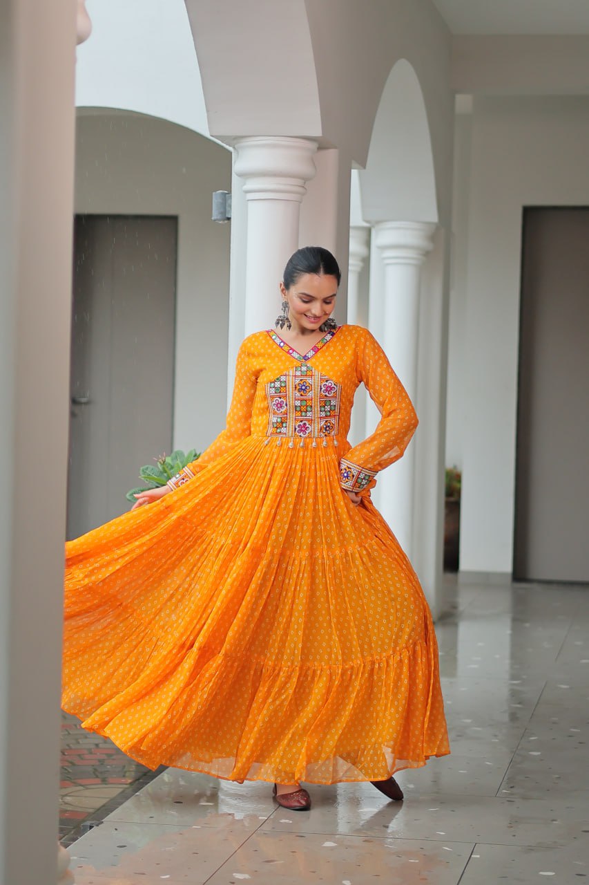 Bright Yellow Bandhani Long Gown with Kutchi Embroidery