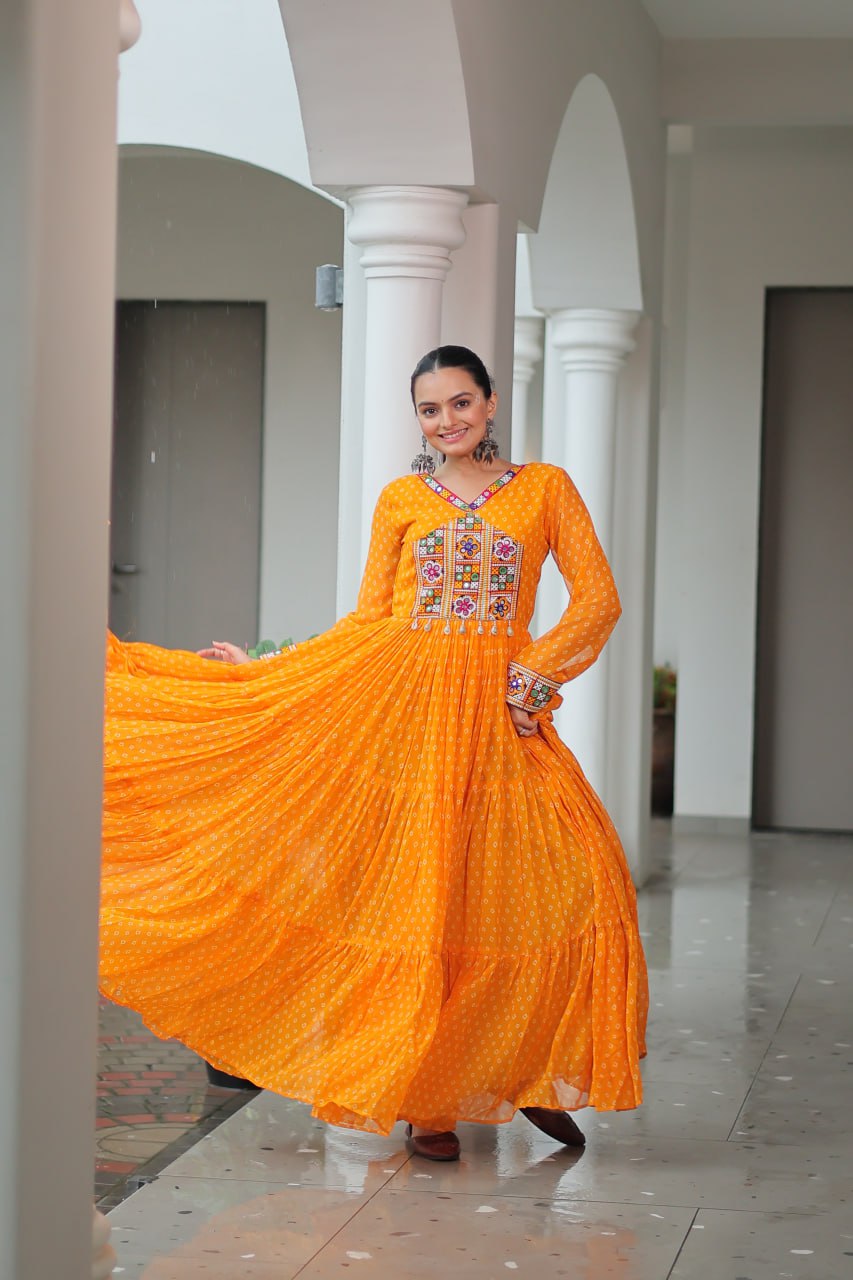 Bright Yellow Bandhani Long Gown with Kutchi Embroidery