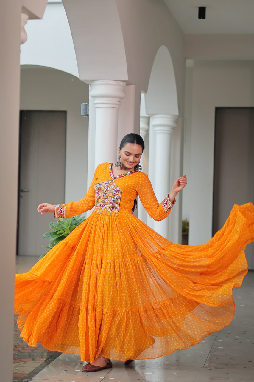 Bright Yellow Bandhani Long Gown with Kutchi Embroidery