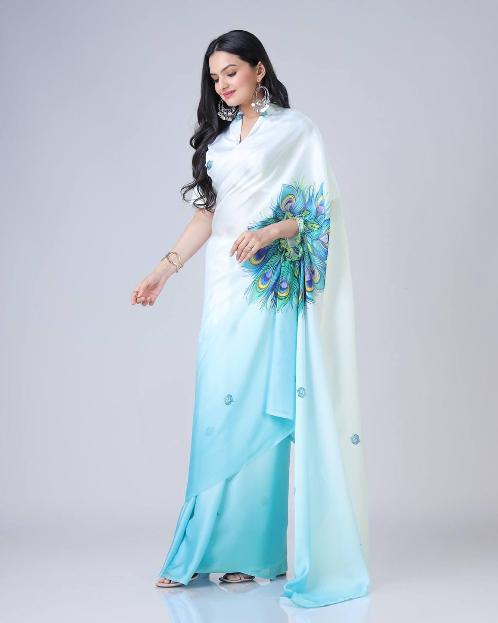 White & Aqua Blue Ombre Saree with Peacock Feather Art