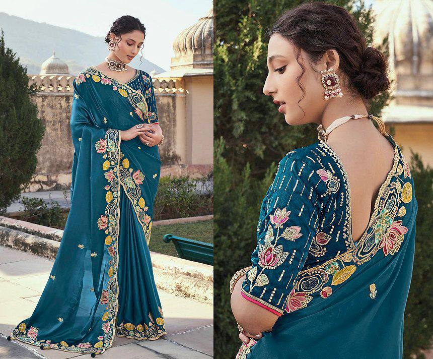 Elegant Teal Blue Embroidered Georgette Saree with Designer Blouse