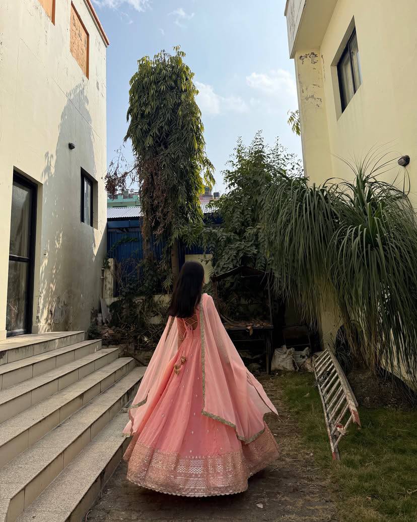 Blush Peach Embroidered Anarkali Set with Mirror Detailing