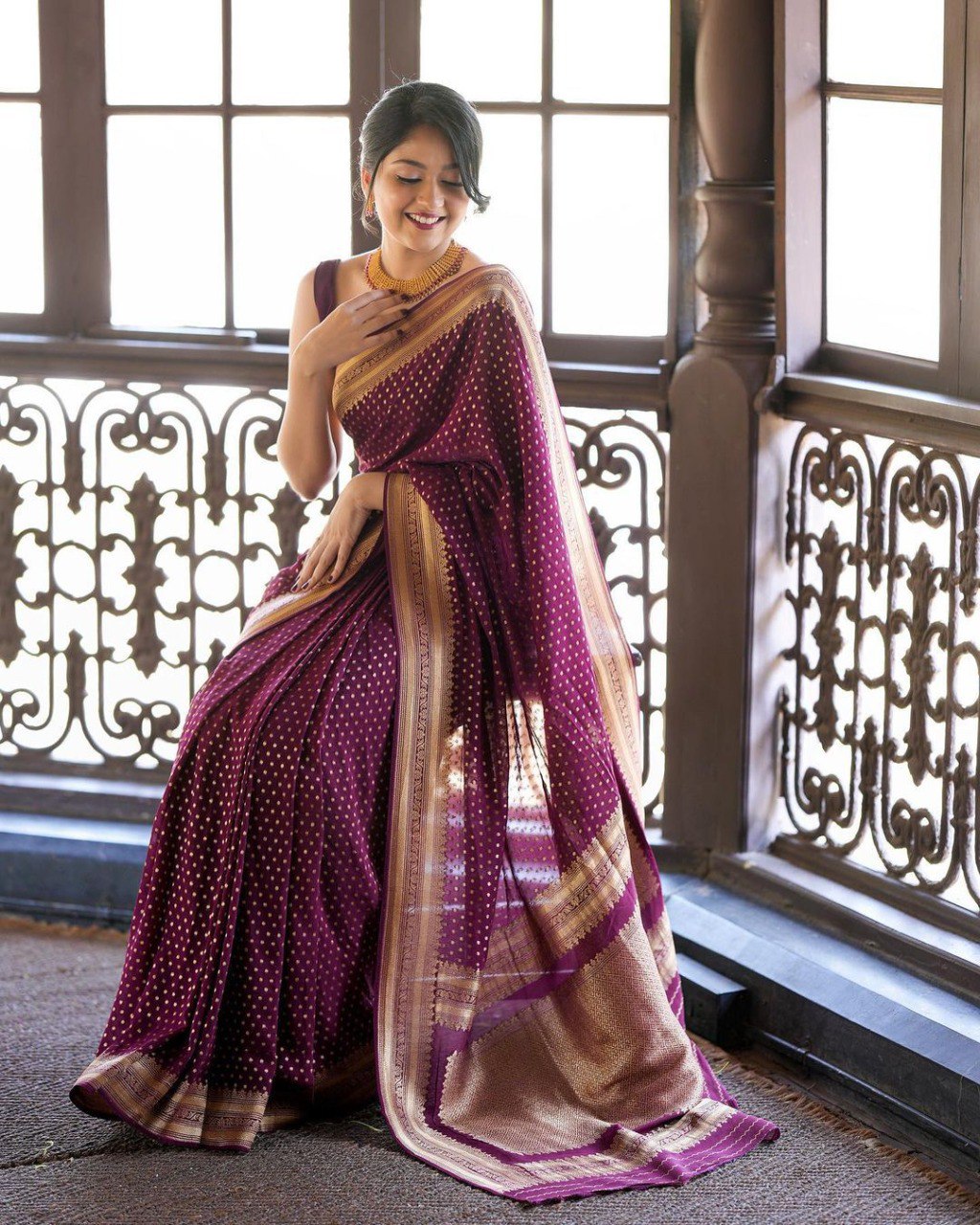 Maroon Bandhani-Inspired Saree with Zari Border